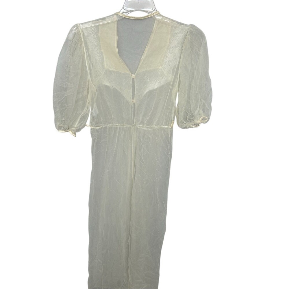 Vintage Sheer Peignoir Robe Womens Size M Ivory Lace Collar Pearl Buttons READ - Picture 5 of 9